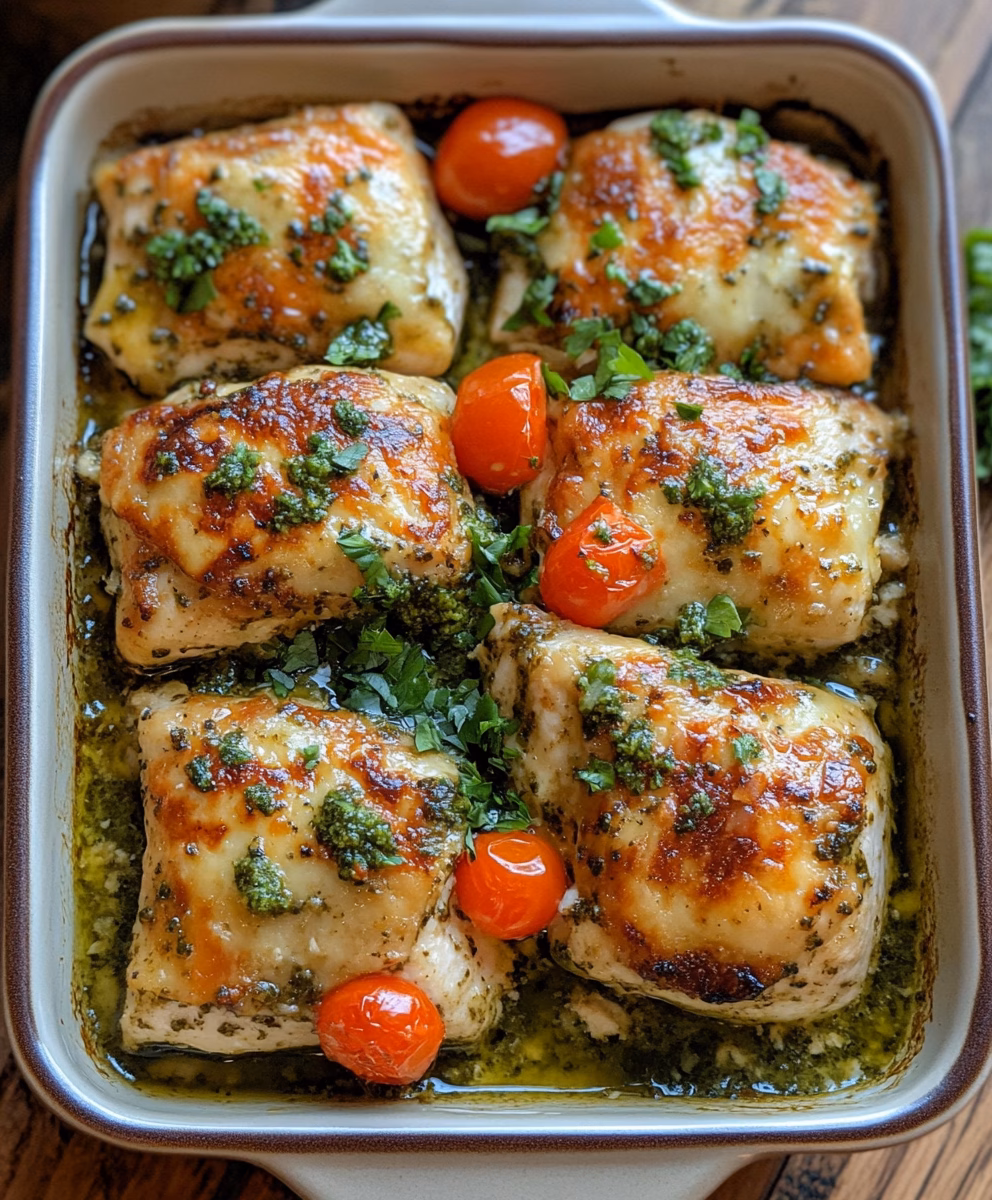 I love how quick and easy this 4 Ingredient Pesto Chicken Bake is to whip up! Juicy chicken is smothered in fresh pesto and creamy cheese for a simple yet delicious meal. Save this recipe for busy weeknights or family dinners!