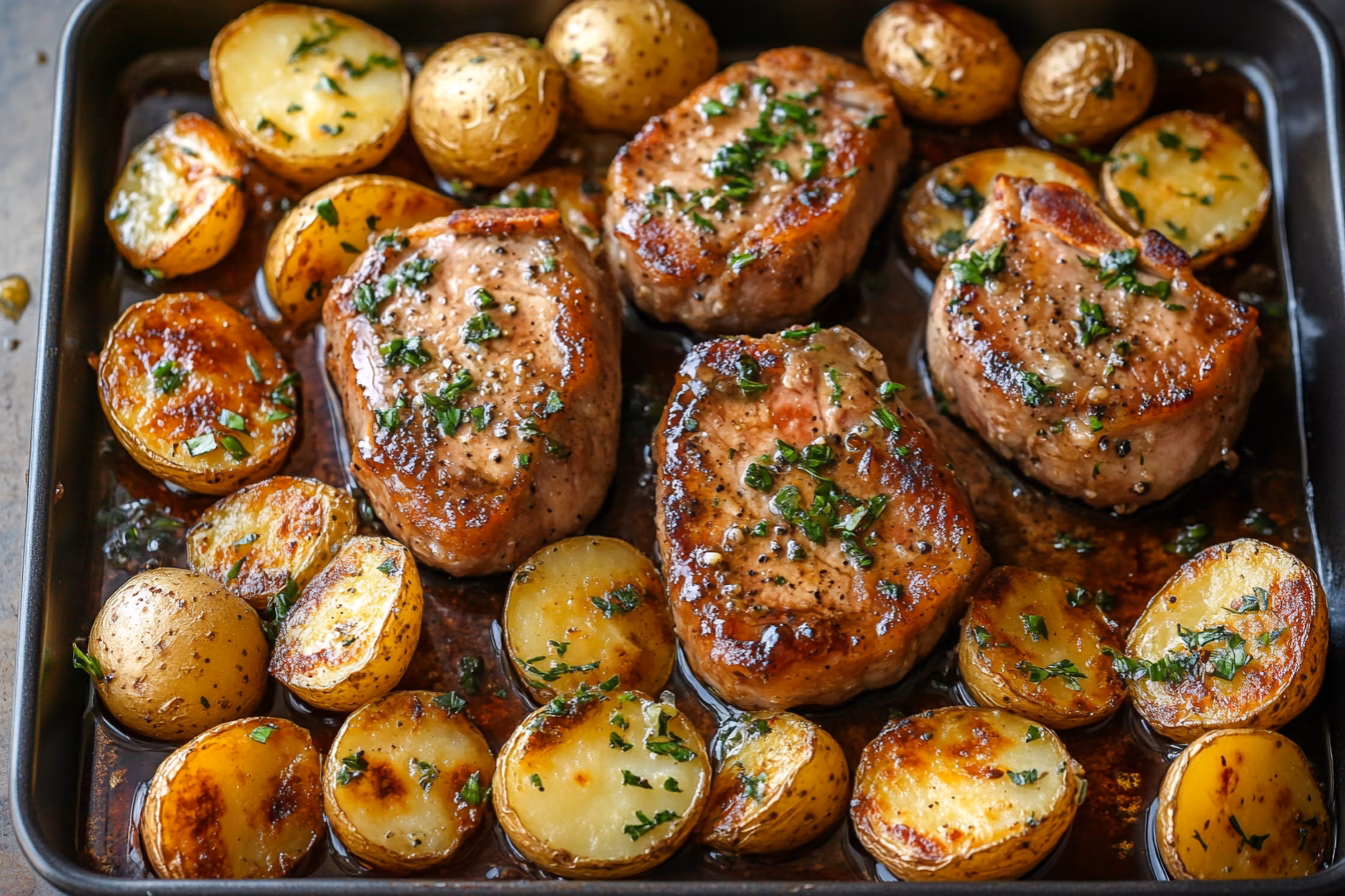 Looking for an easy weeknight dinner? This Sheet Pan Pork Chops and Potatoes recipe combines tender pork chops with crispy roasted potatoes, all cooked in one pan for minimal cleanup. Perfectly seasoned and ready in under 30 minutes, it's a delicious meal the whole family will love. Save this recipe for your next dinner plan!