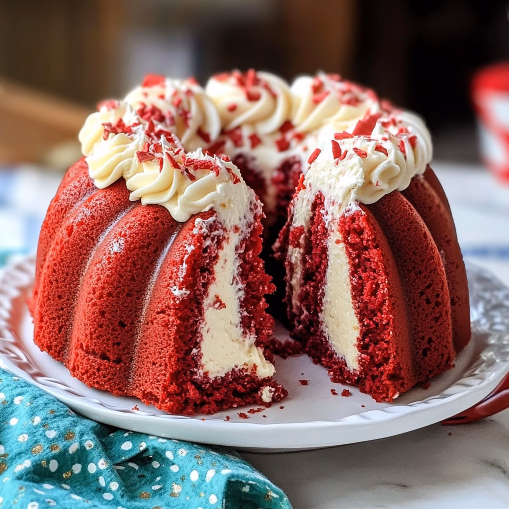 Layers of rich red velvet and creamy cheesecake come together in this stunning Bundt cake that's a true showstopper! Perfect for birthdays, holidays, or any celebration, each slice reveals a beautiful contrast of flavors. Don't forget to save this recipe to impress your guests and add a touch of elegance to your dessert table!