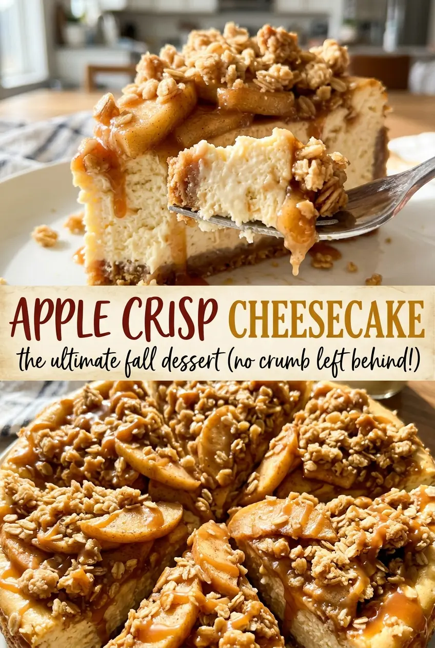 Apple Crisp Cheesecake with cinnamon apples and oat topping
