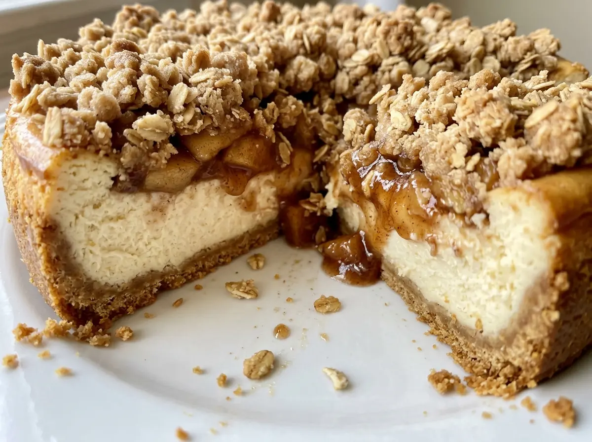 Apple Crisp Cheesecake with cinnamon apples and oat topping