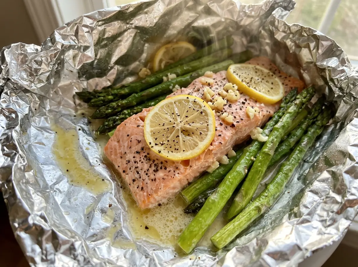 Baked Salmon in Foil Packs with Asparagus, buttery lemon fillets