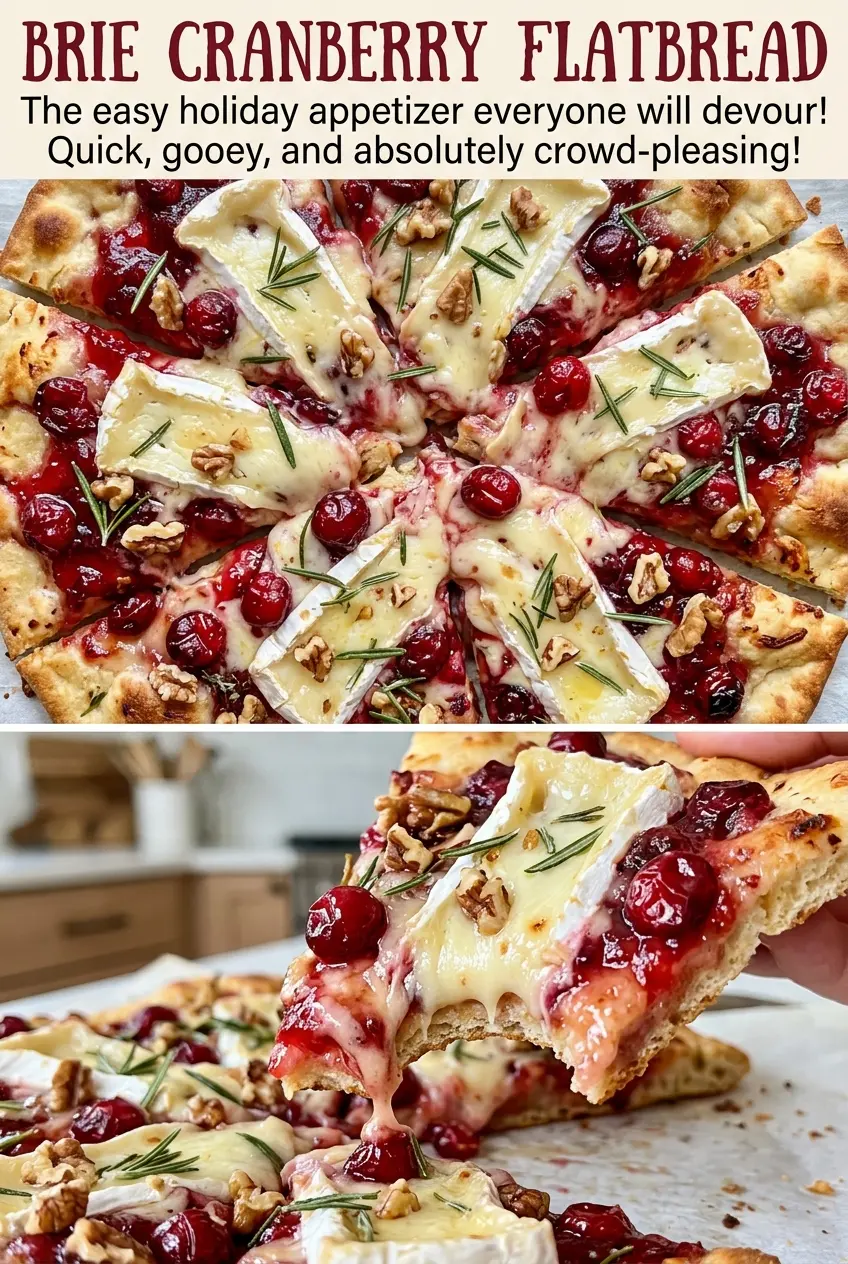 Brie cranberry flatbread with crisp edges and melted Brie