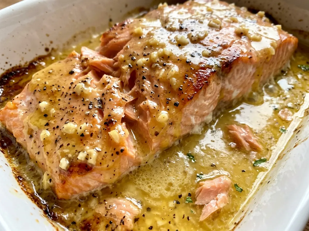 Buttered Honey Mustard Oven Baked Salmon glossy golden flaky