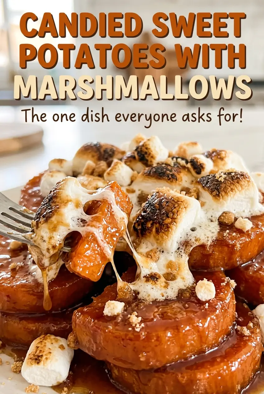 Candied Sweet Potatoes with Marshmallows, glossy, tender, golden