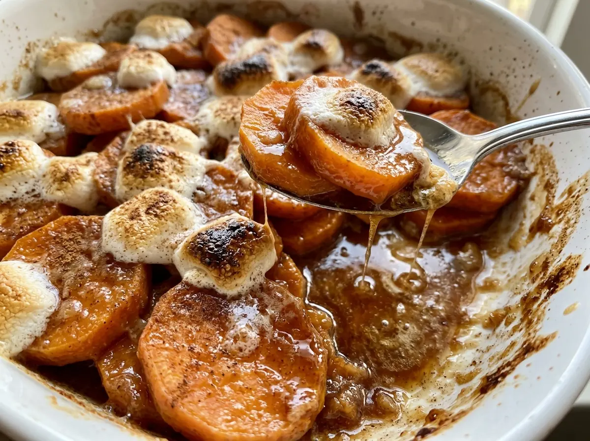 Candied Sweet Potatoes with Marshmallows, glossy, tender, golden