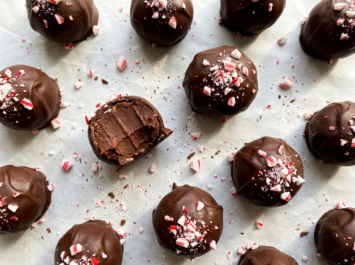 Chocolate Candy Cane Truffles with glossy peppermint centers