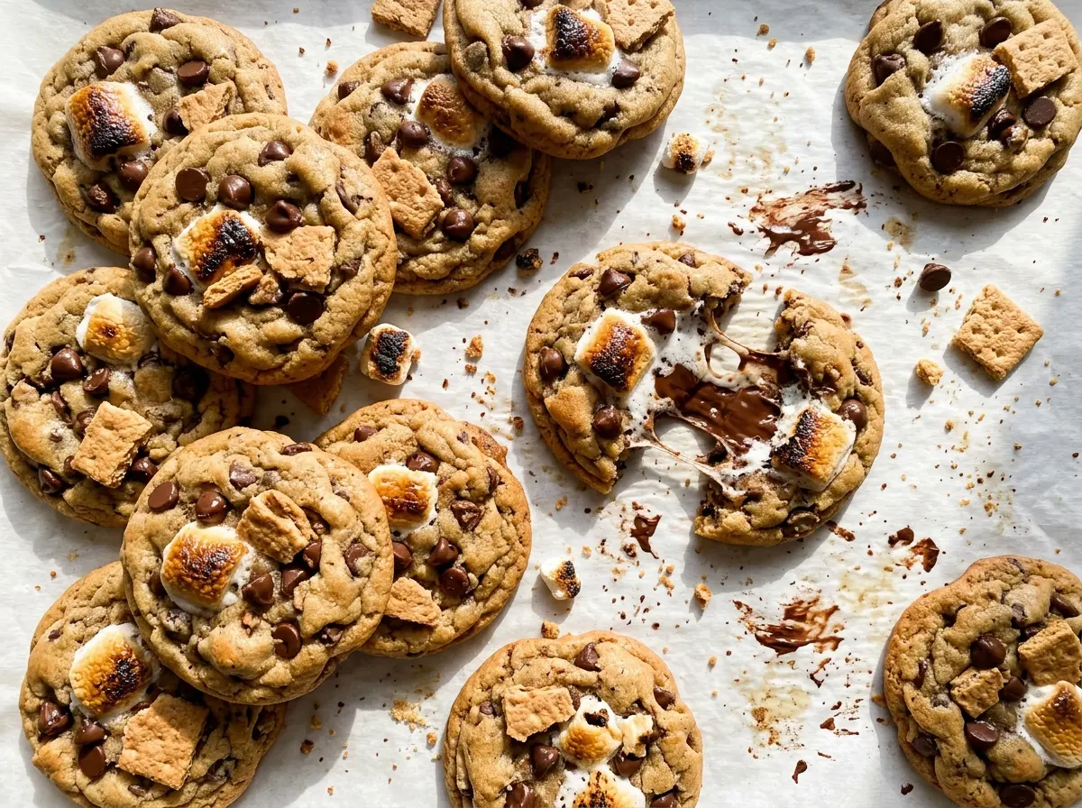Chocolate Chip Smores Cookies gooey marshmallow centers