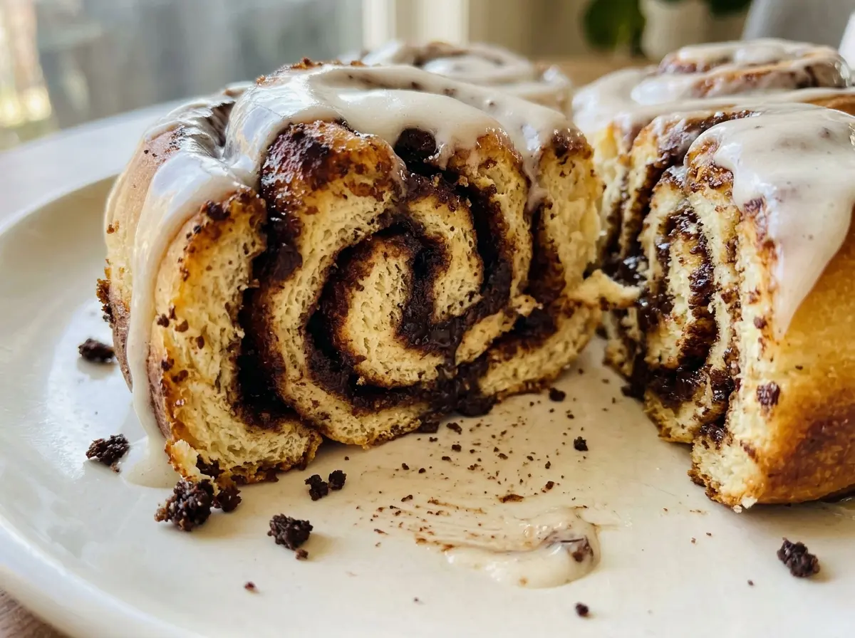 Chocolate Espresso Cinnamon Rolls with glossy chocolate swirls