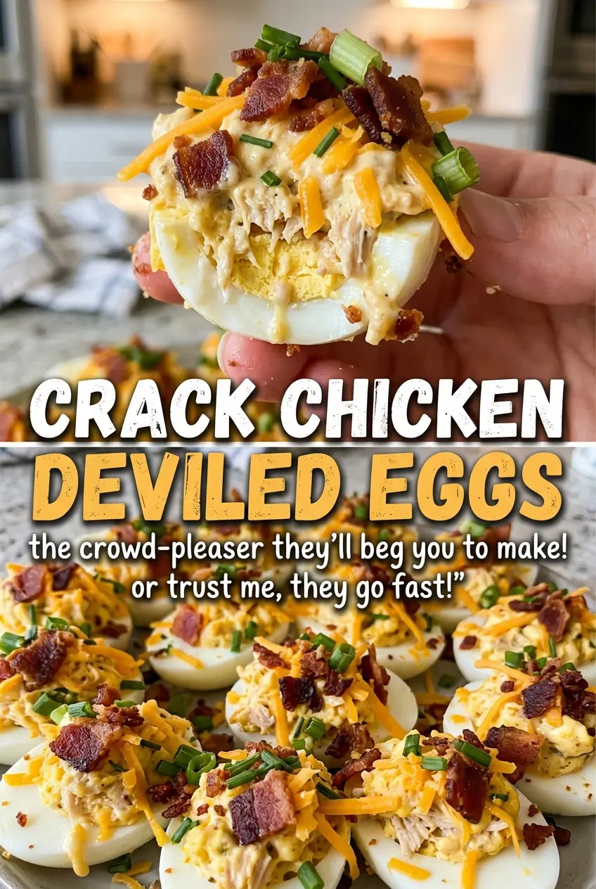 Crack Chicken Deviled Eggs with bacon topping