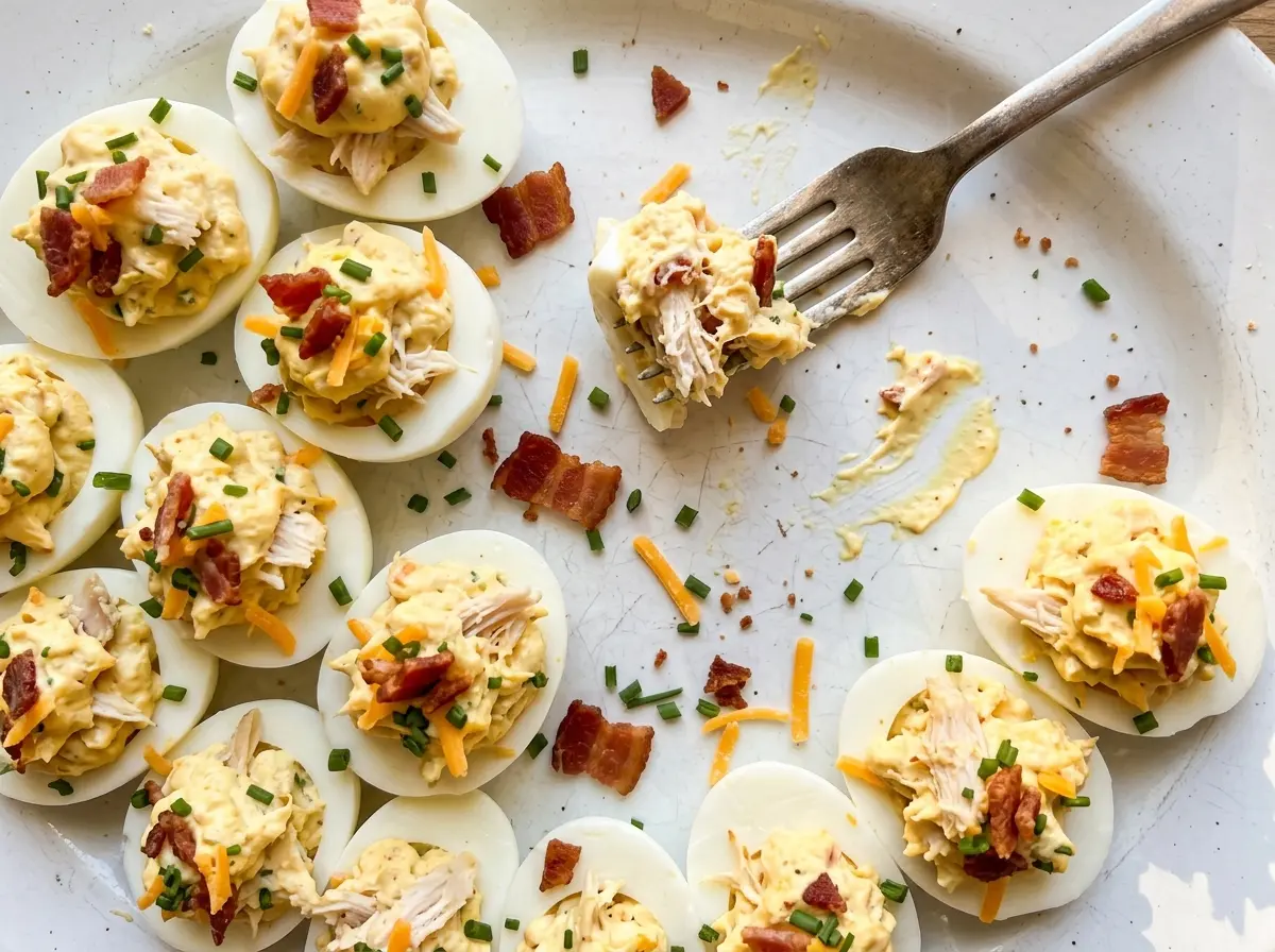 Crack Chicken Deviled Eggs creamy bacon cheddar