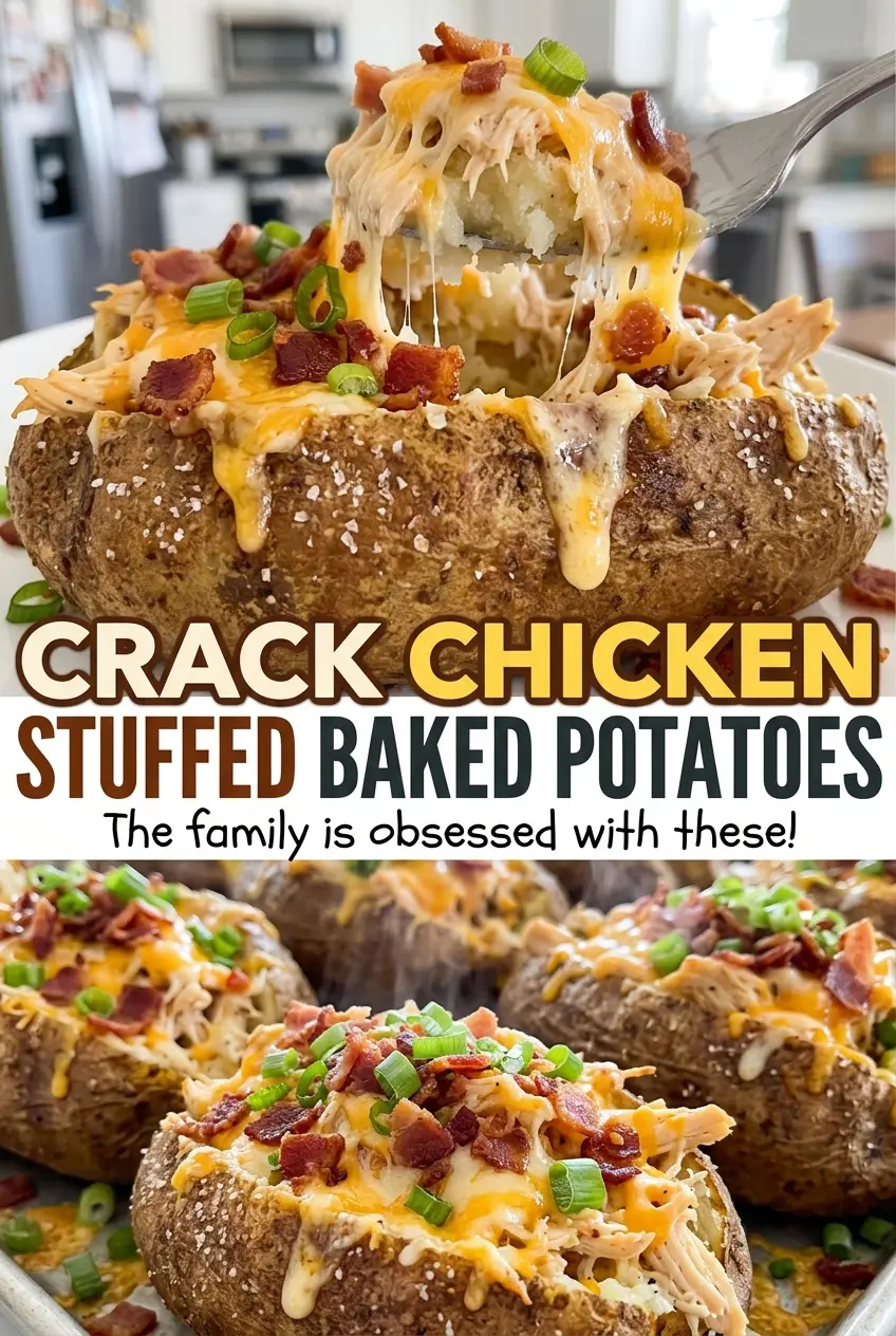 Crack Chicken Stuffed Baked Potatoes with cheddar chicken
