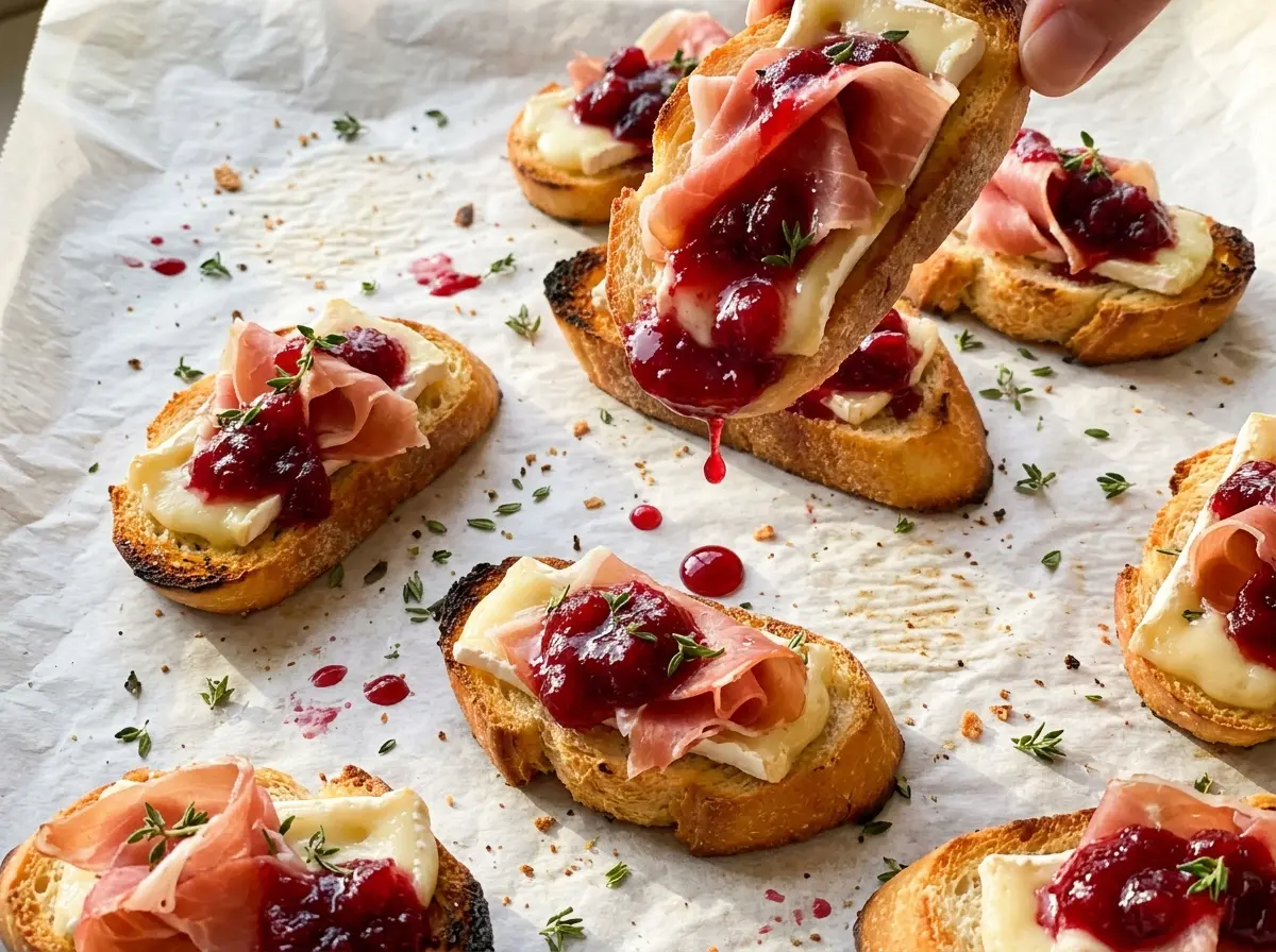 Cranberry Brie and Prosciutto Crostini golden crisp bites