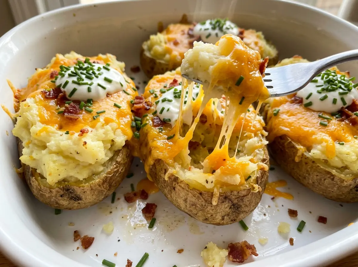 Creamy Twice Baked Potatoes golden cheesy tops