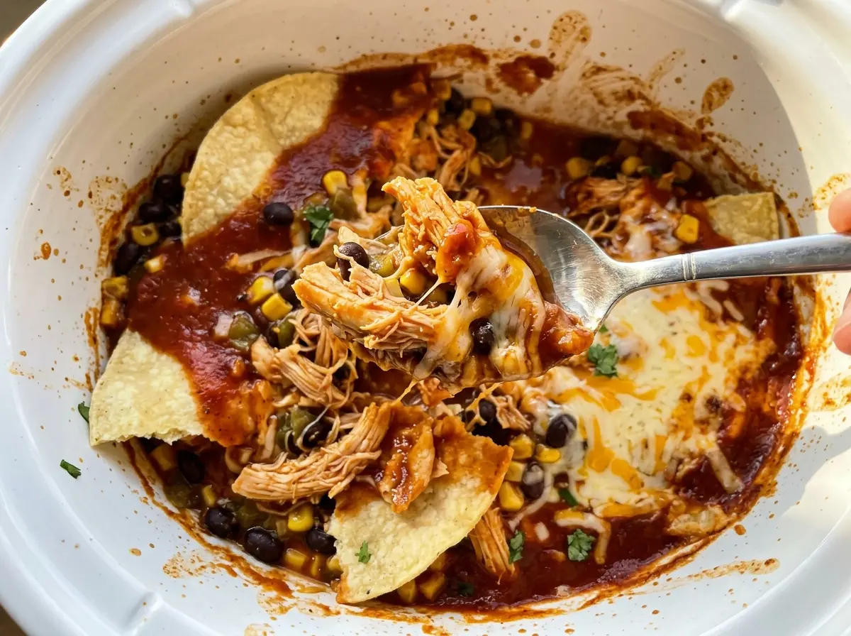 Crockpot Chicken Enchilada saucy cheesy casserole
