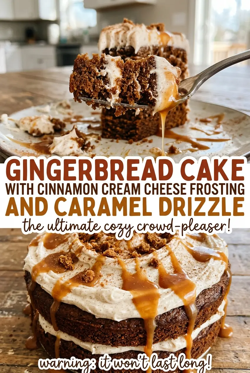 Gingerbread Cake with Cinnamon Cream Cheese Frosting and Caramel Drizzle, glossy amber topping
