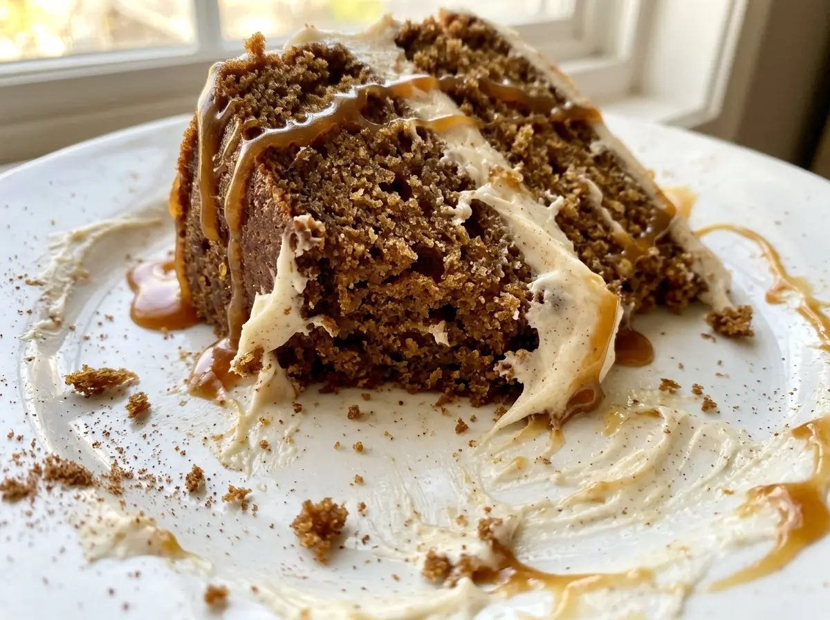 Gingerbread Cake with Cinnamon Cream Cheese Frosting and Caramel Drizzle, tender spiced crumb