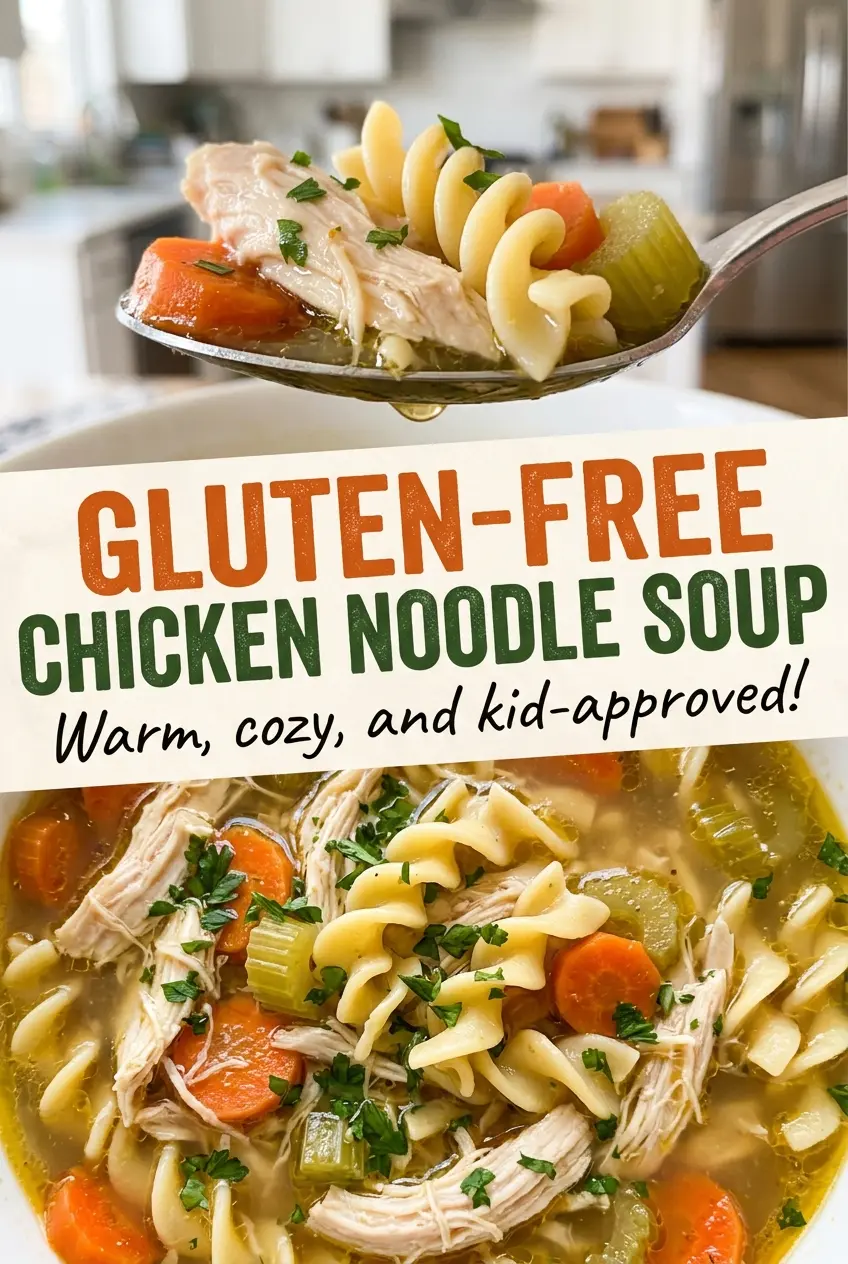 Gluten-Free Chicken Noodle Soup with tender chicken and bright parsley