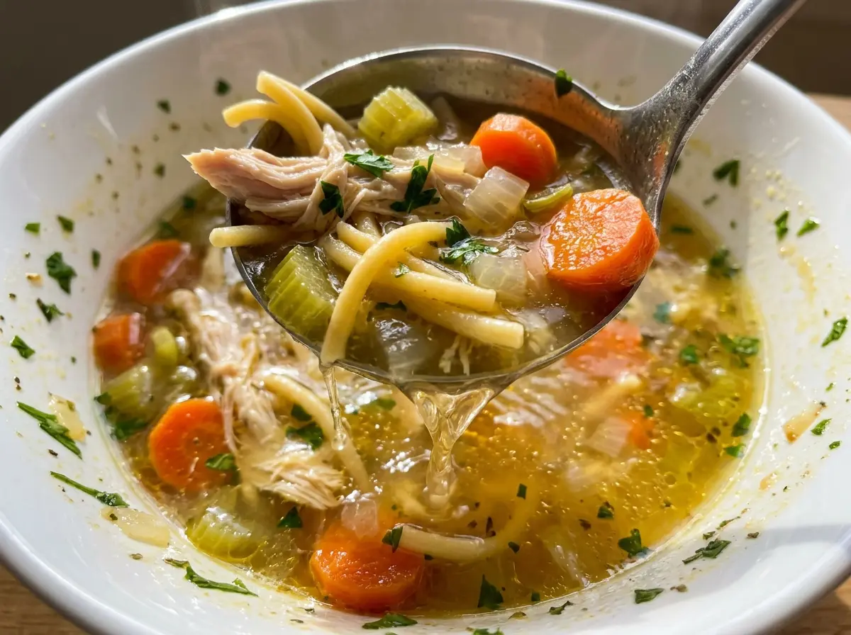Gluten-Free Chicken Noodle Soup with tender chicken and bright parsley