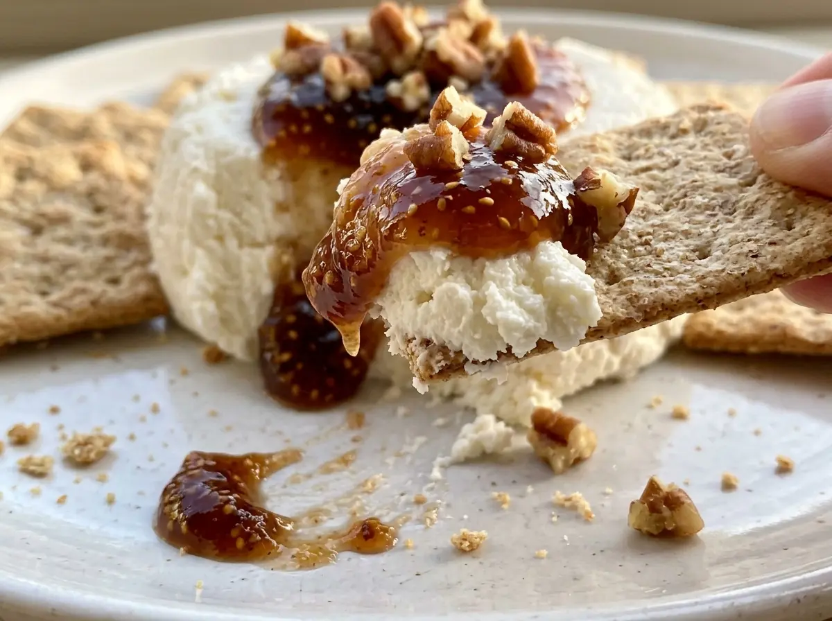 Goat cheese appetizer with fig jam and pecans, warm and glossy
