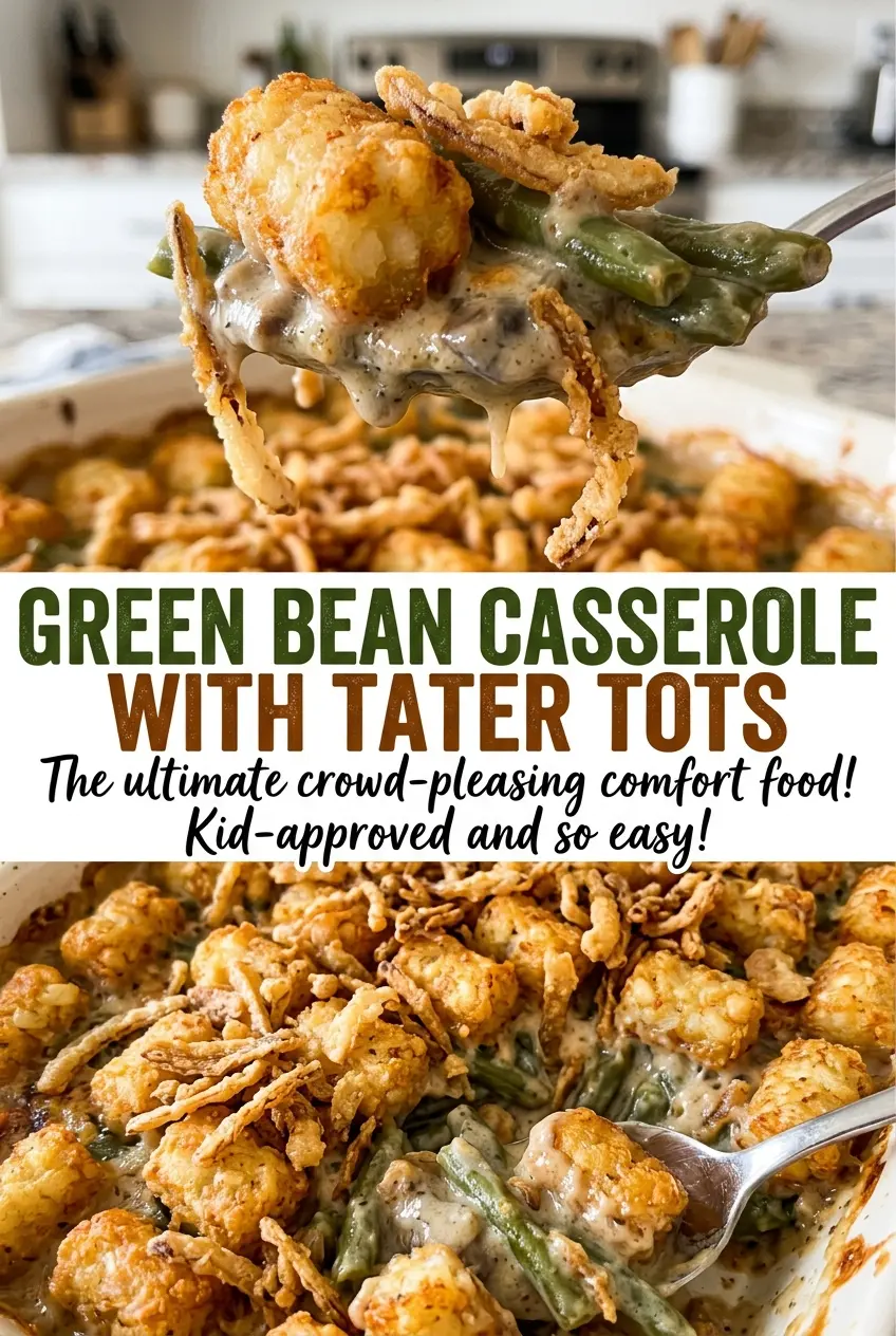 Green bean casserole with tater tots bubbly golden top