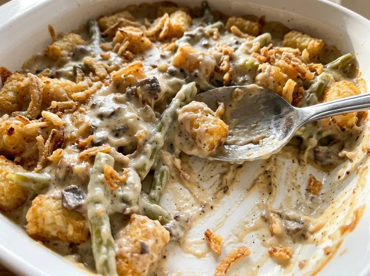 Green bean casserole with tater tots golden crisp topping