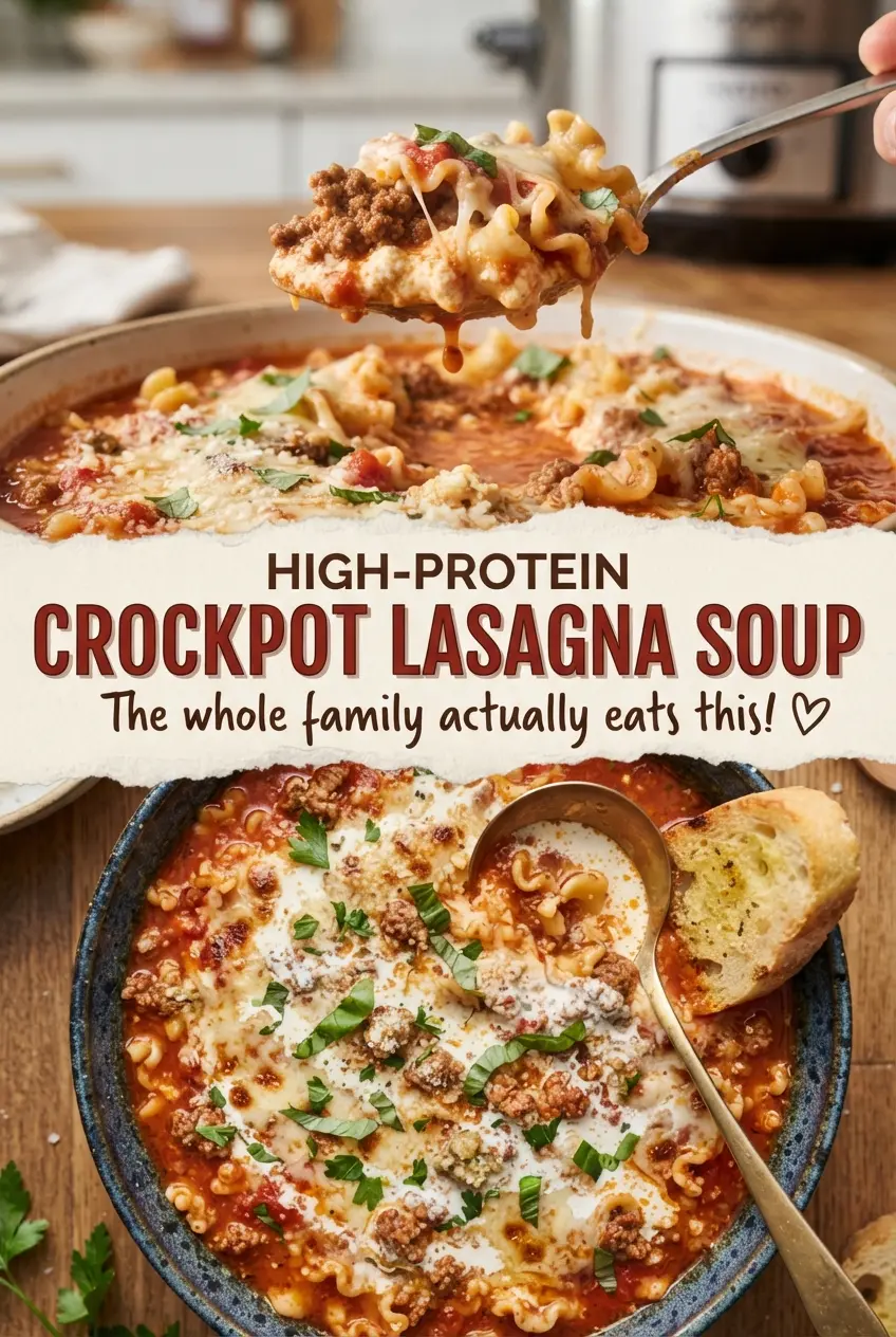 High-Protein Crockpot Lasagna Soup, tomato-rich and comforting