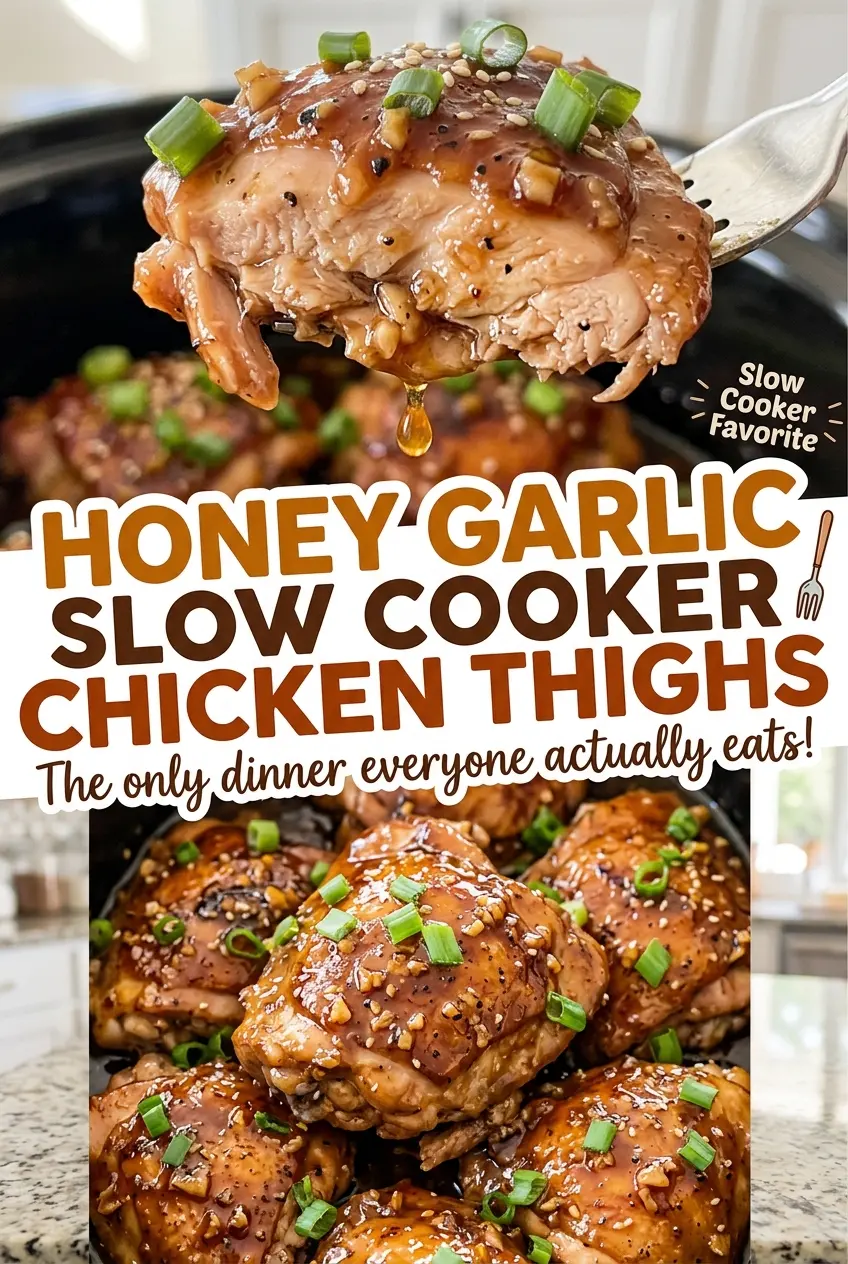 Honey Garlic Slow Cooker Chicken Thighs with sticky, savory sauce