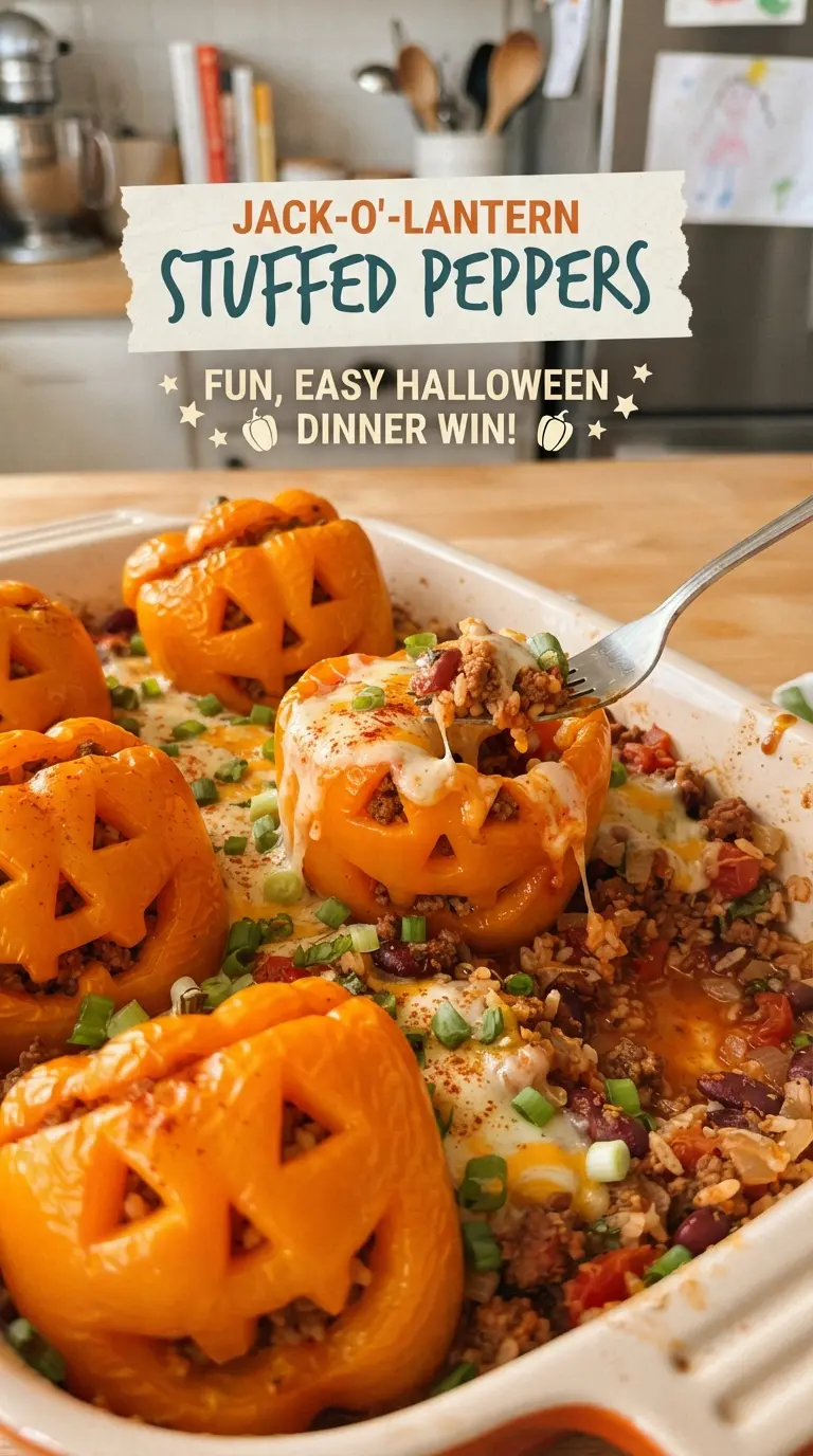 Jack-o'-Lantern Stuffed Peppers with carved orange faces