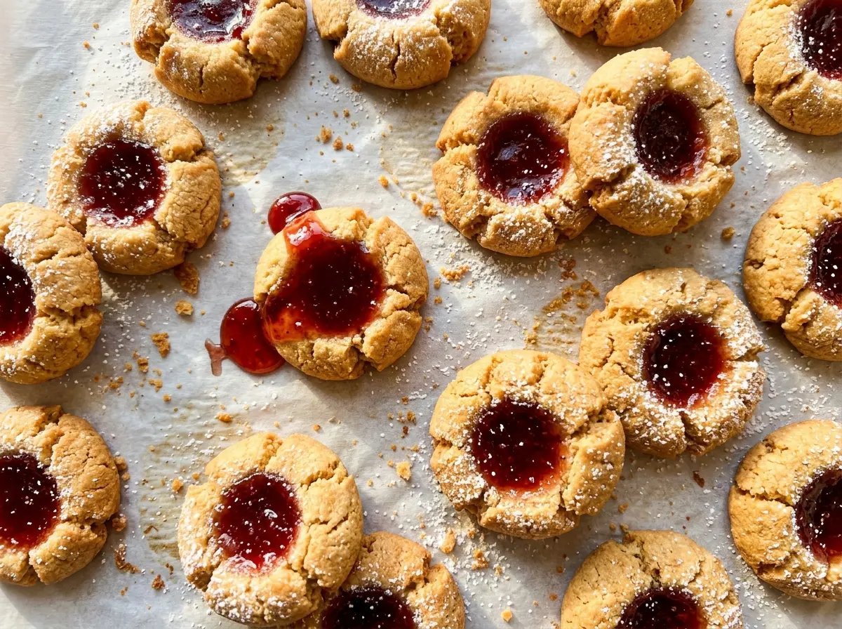 Jam thumbprint cookies with golden edges