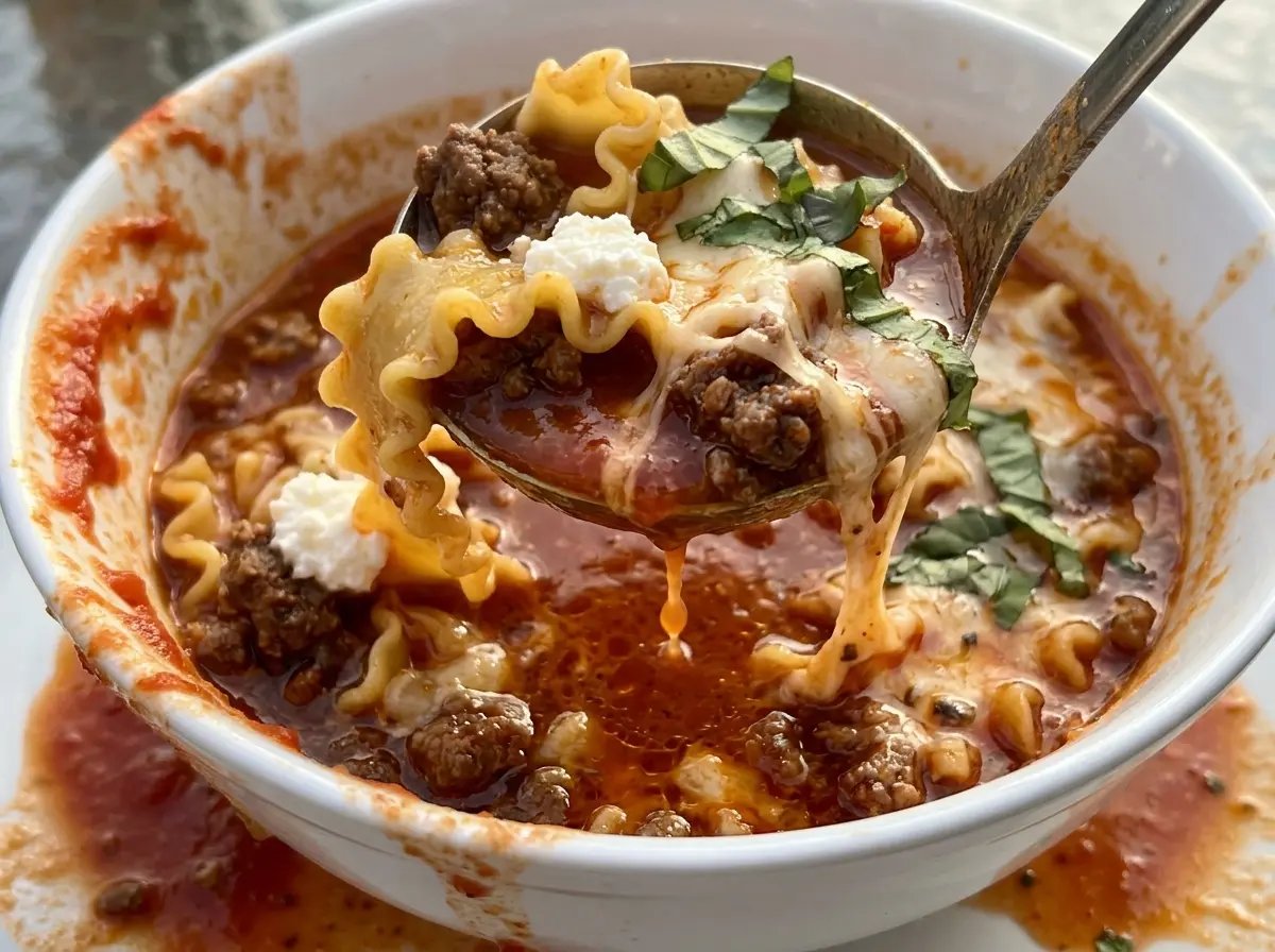 Lasagna soup with ricotta and mozzarella, cheesy and hearty