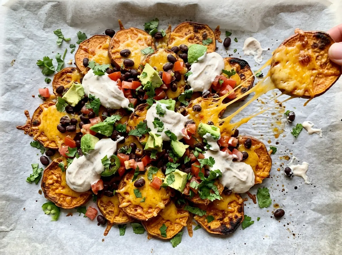 Loaded Sweet Potato Nachos with melted cheddar