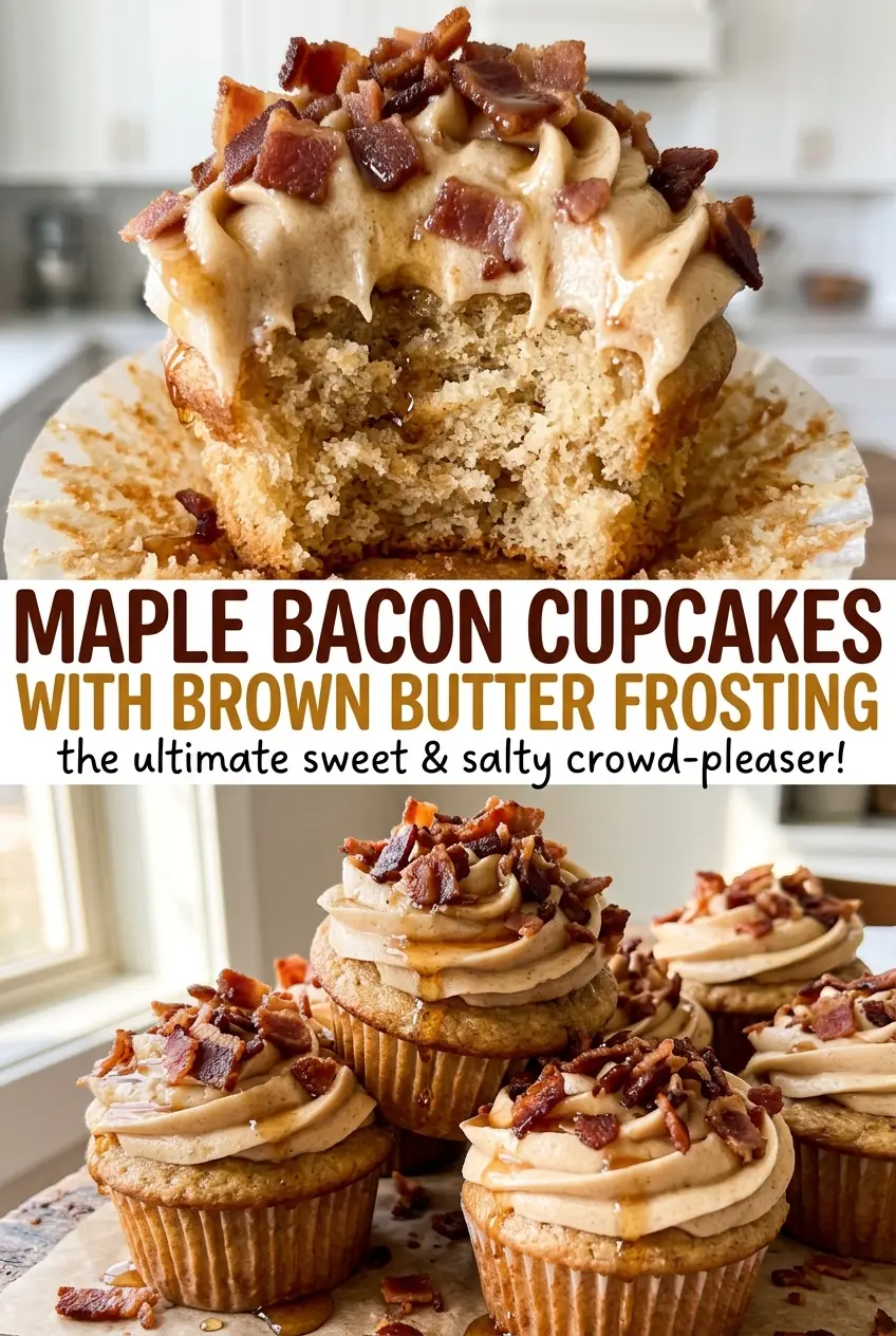 Maple Bacon Cupcakes with Brown Butter Frosting, maple and bacon-topped
