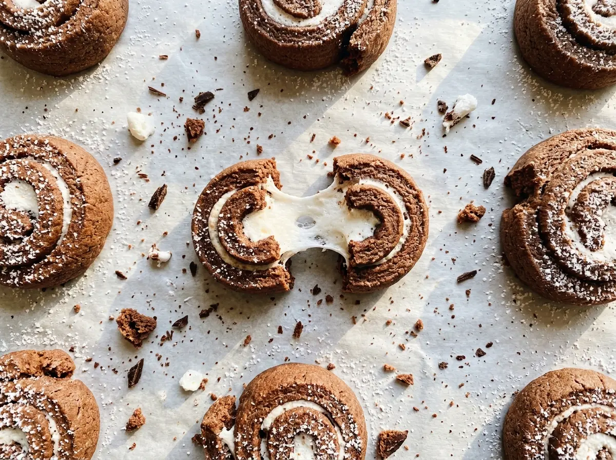 Marshmallow Roll Cookies with chocolate dough and soft marshmallow centers