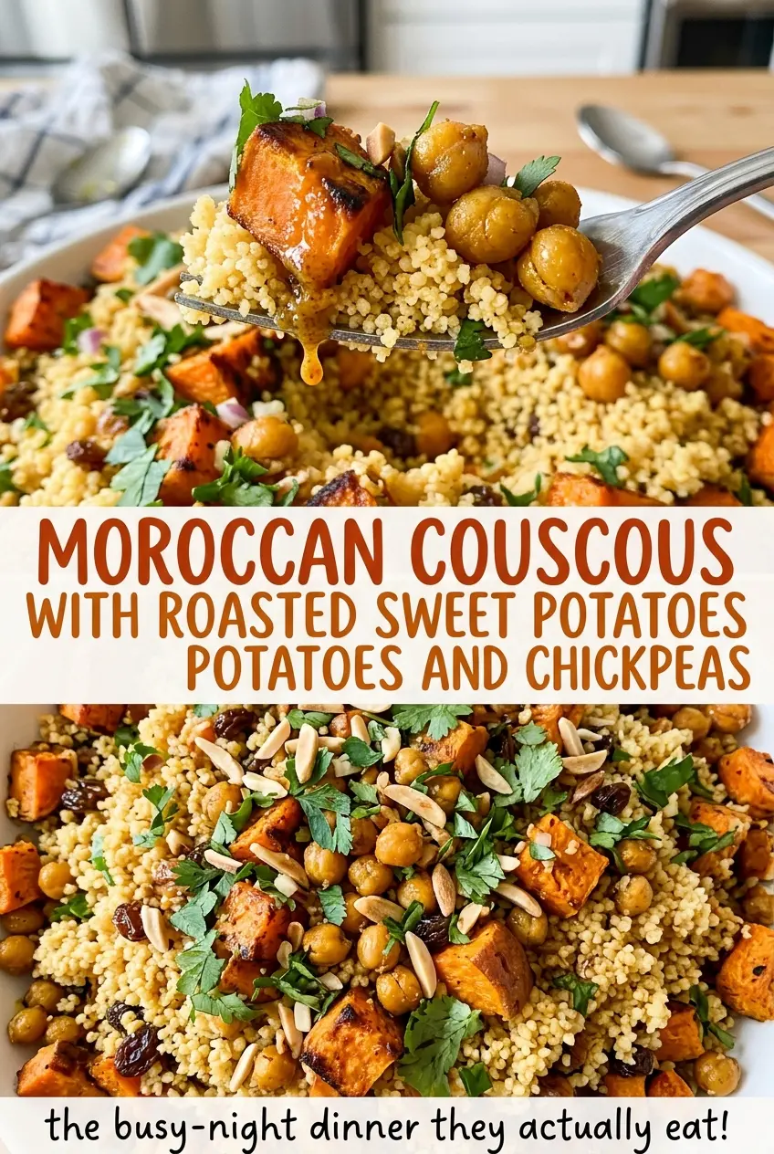Moroccan couscous with roasted sweet potatoes and chickpeas, fluffy colorful bowl