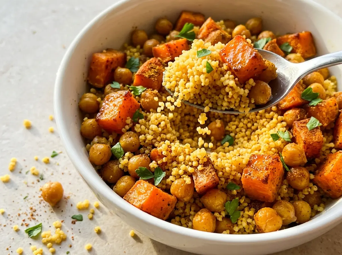 Moroccan couscous with roasted sweet potatoes and chickpeas, warmly spiced