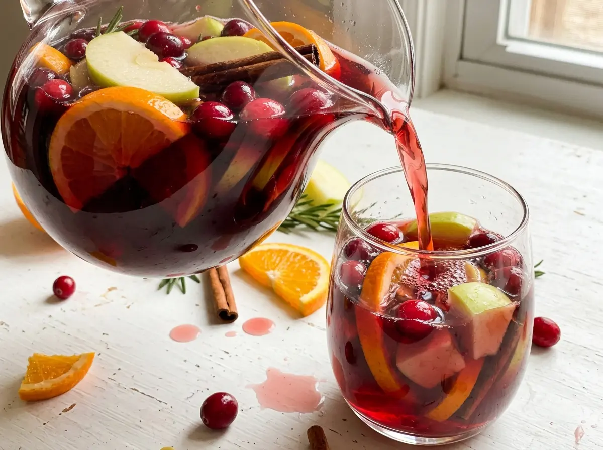 Non Alcoholic Christmas Sangria with sliced fruit