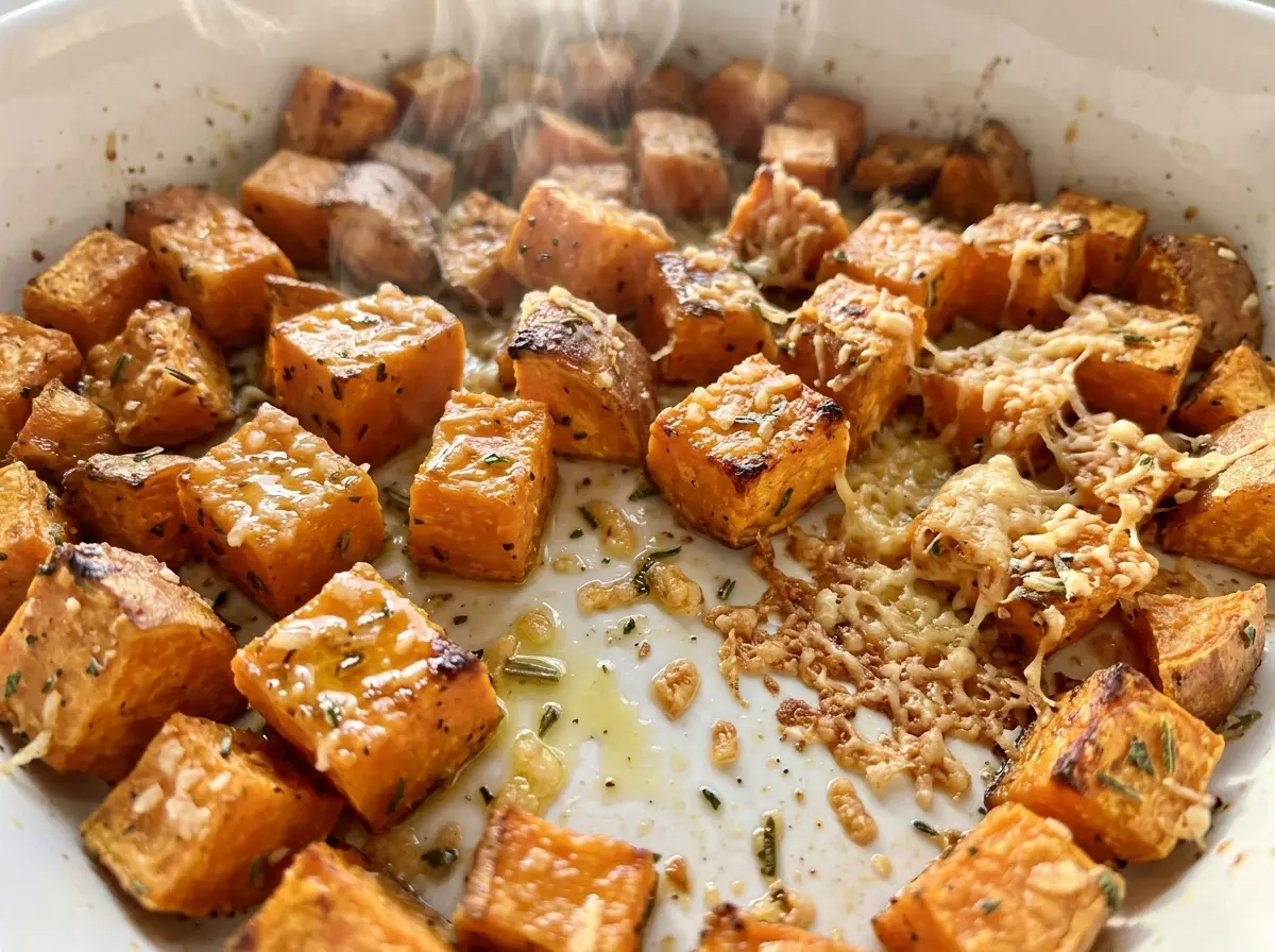 Parmesan Herb Roasted Sweet Potatoes golden browned edges