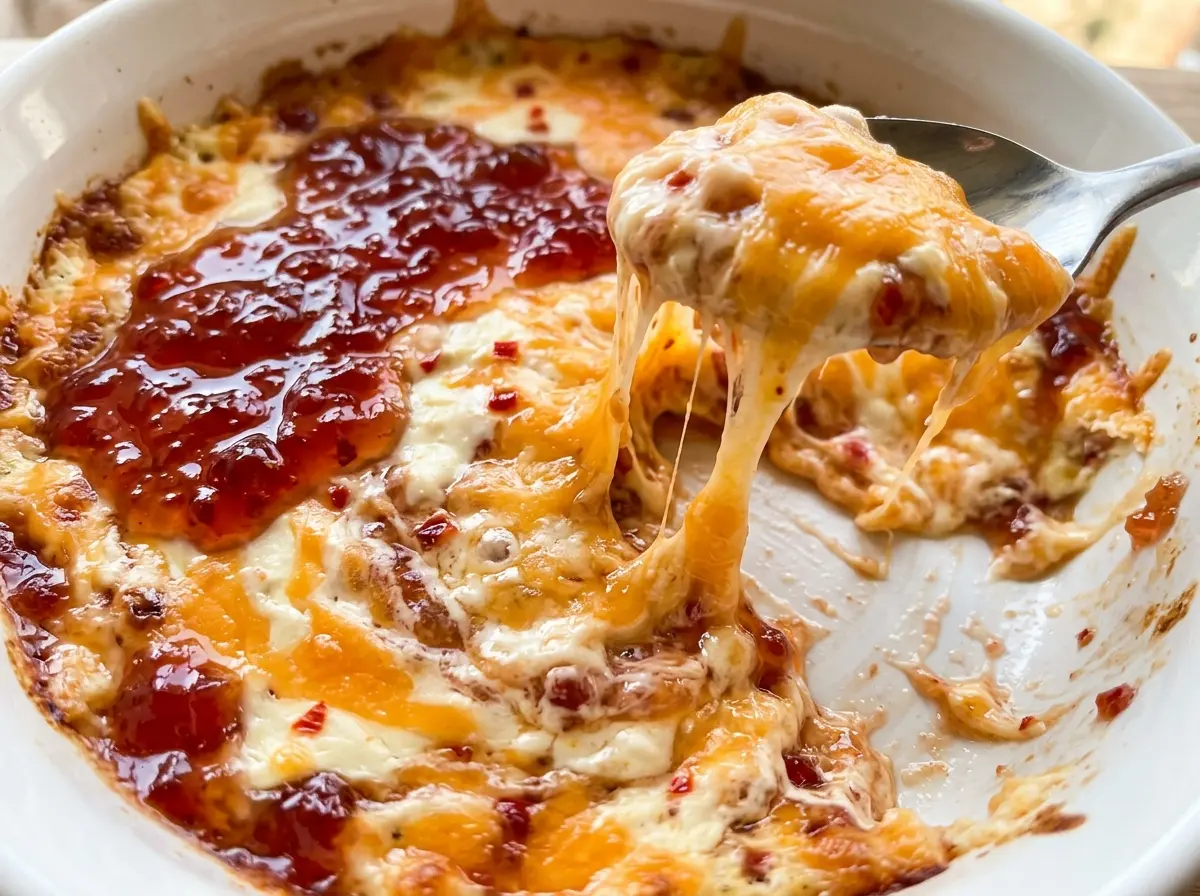 Pepper Jelly Cheese Dip creamy, bubbling, glossy