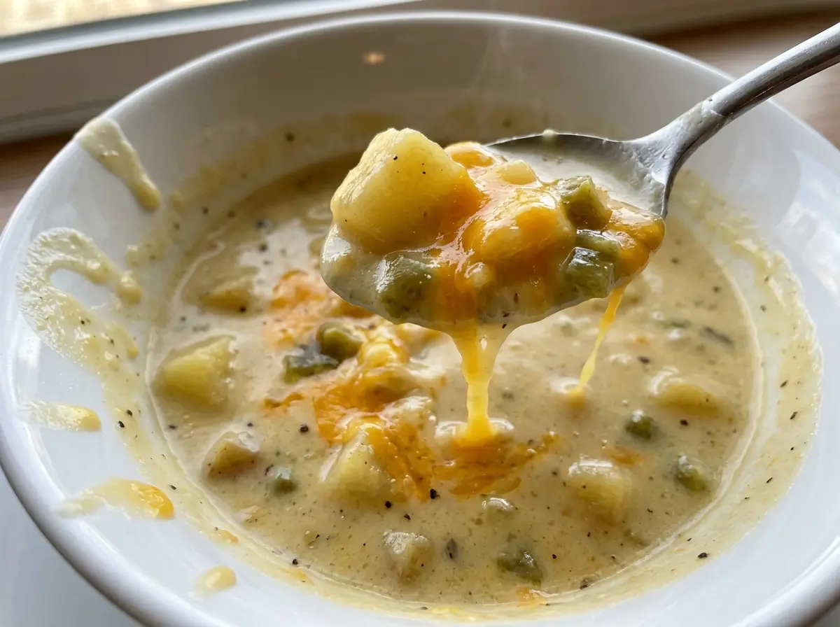 Potato soup with cheese and green chiles, creamy and hearty