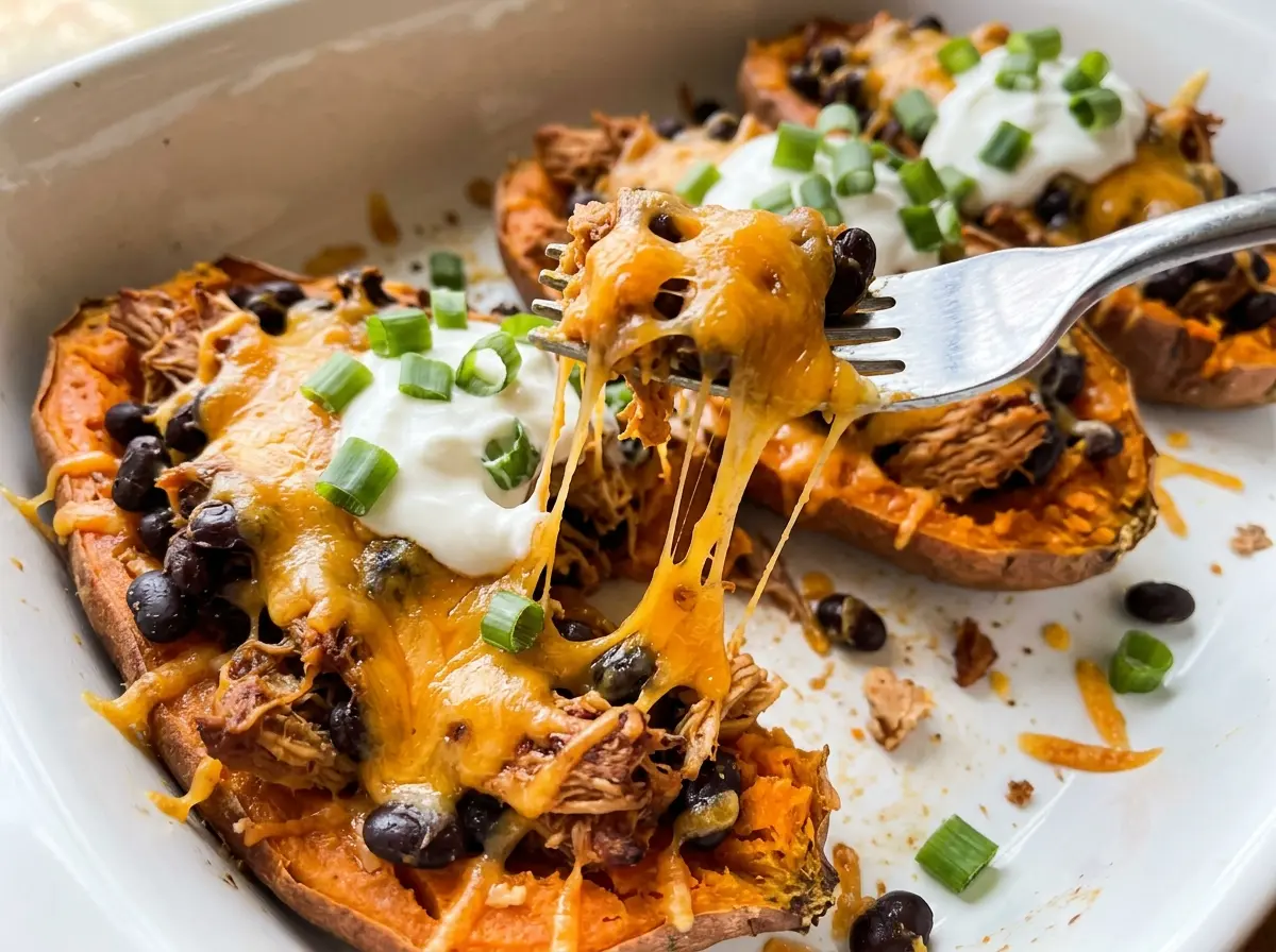 Protein Loaded Sweet Potato Boats with cheesy turkey filling