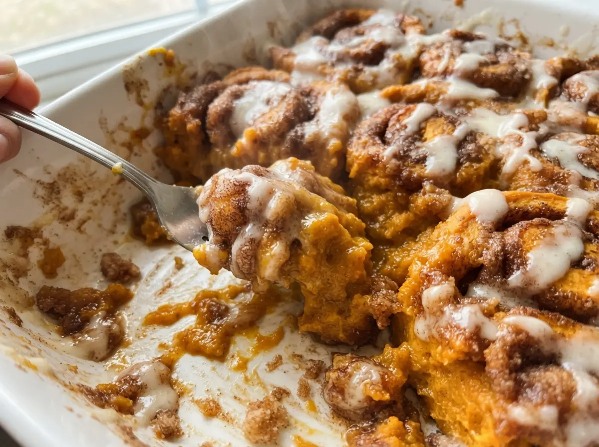Pumpkin Cinnamon Roll Casserole golden custard edges