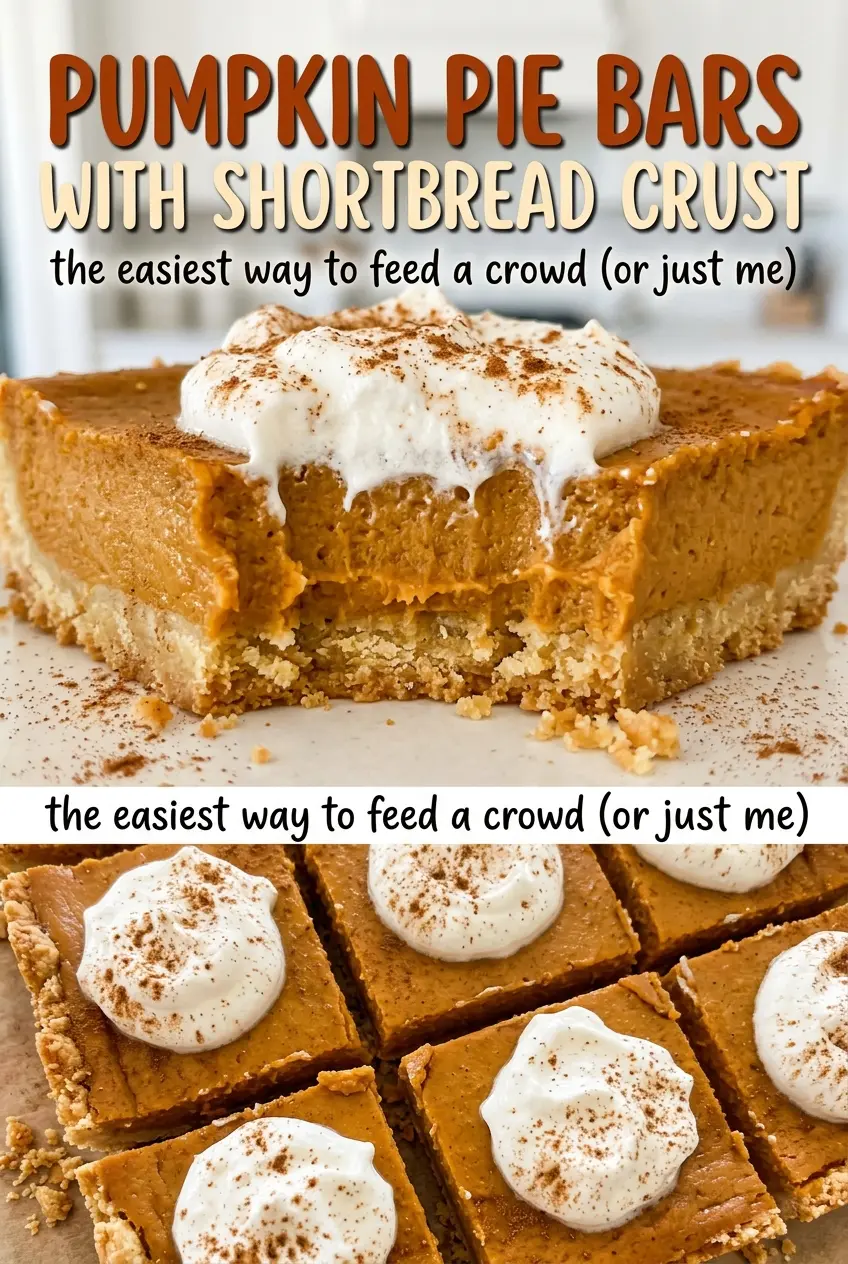 Pumpkin pie bars with shortbread crust, golden base and smooth filling