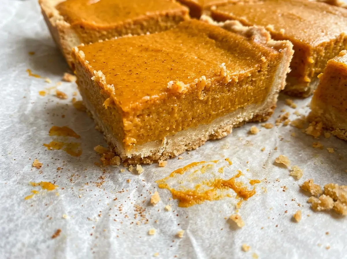 Pumpkin pie bars with shortbread crust, creamy spiced filling