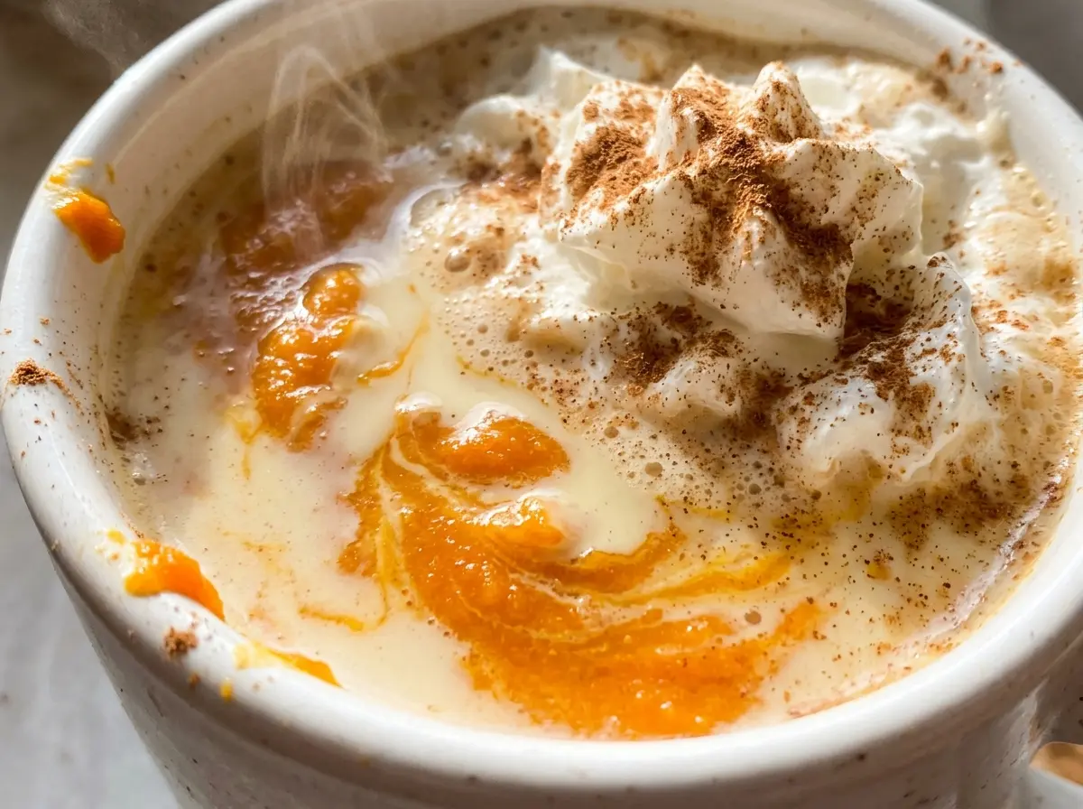 Pumpkin white hot chocolate in a creamy spiced mug