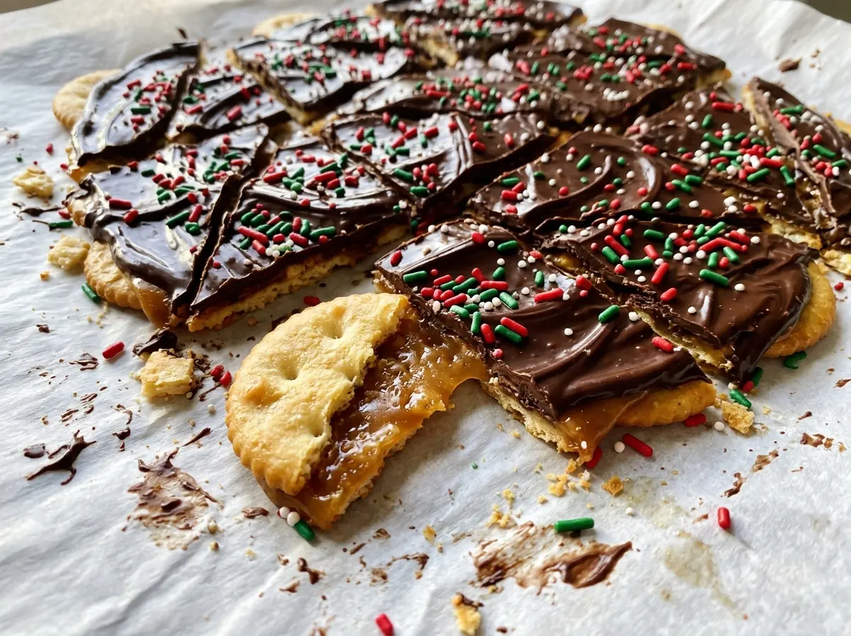 Ritz Christmas Crack Cookies with chocolate and sprinkles