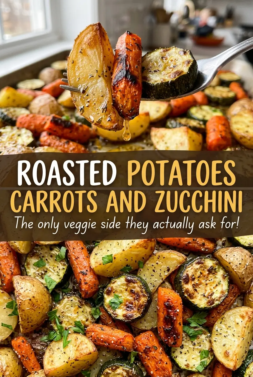 Roasted Potatoes Carrots and Zucchini, tender golden vegetables