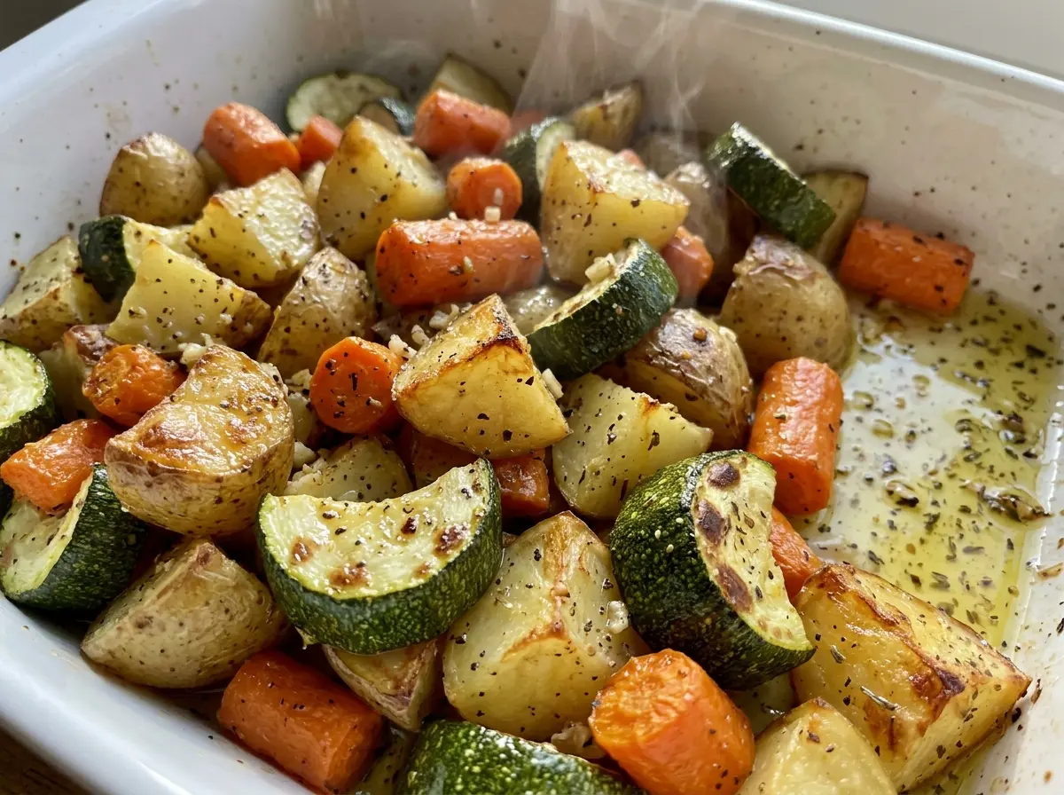 Roasted Potatoes Carrots and Zucchini, golden browned vegetables