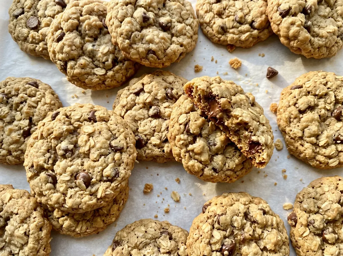 Soft and Chewy Oatmeal Chocolate Chip Cookies with golden edges