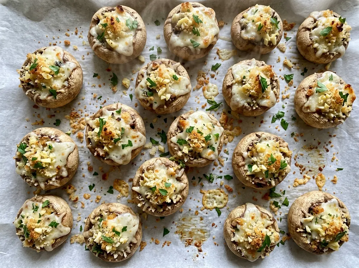 Stuffed mushrooms golden Parmesan tops